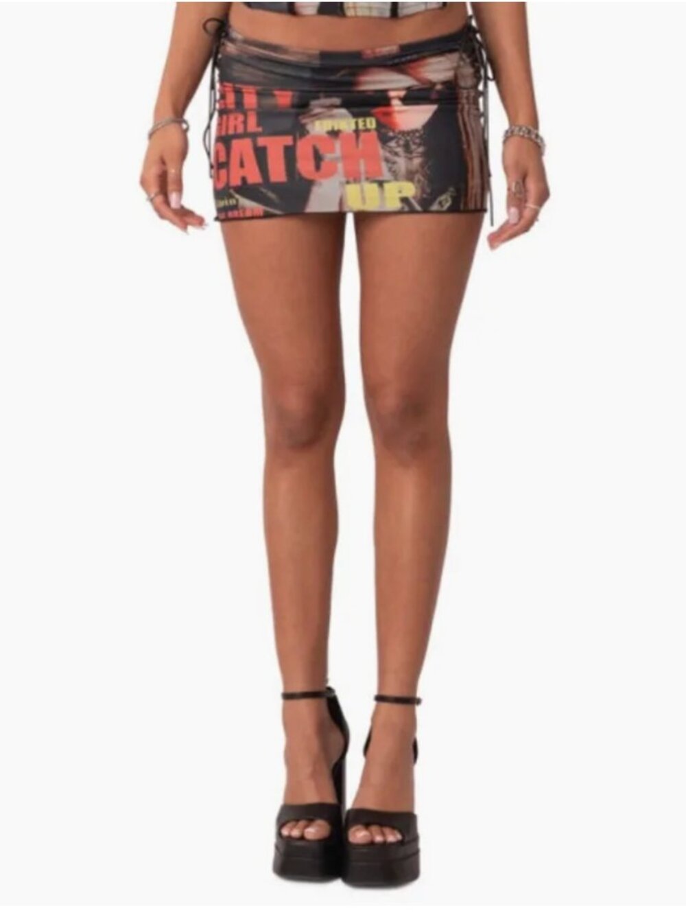 Edikted City Girl Photo Print Mini Skirt In Mix Low Rise Drawstring.